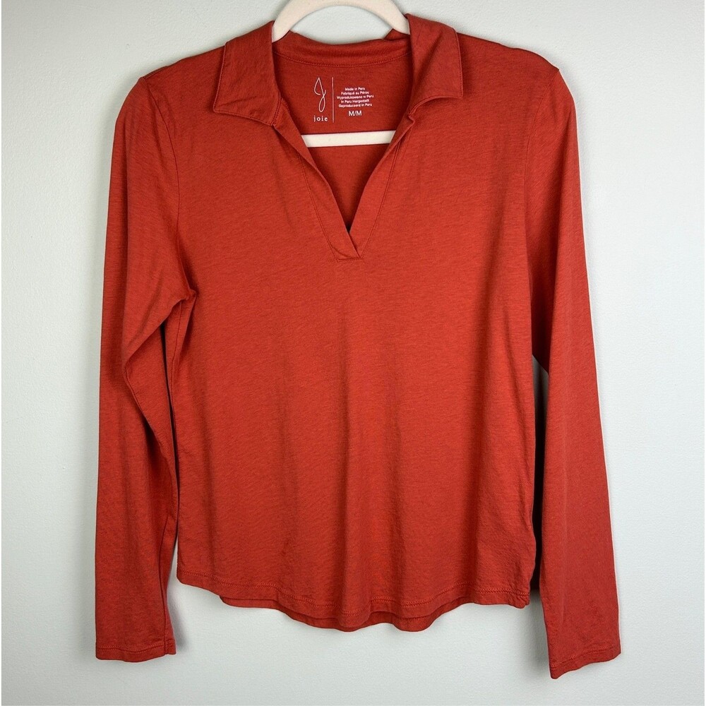Joie Rust Orange Collared Long Sleeve Top Cotton Lyocell Jersey T Shirt EUC M